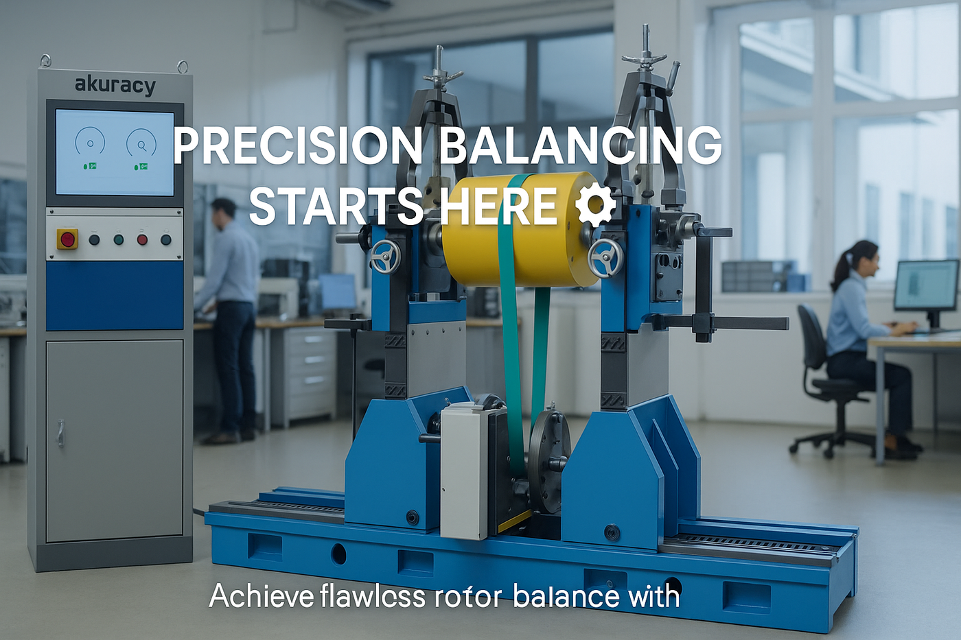 A large industrial precision rotor balancing machine in a bright laboratory setting, with a blue and gray control console on the left, a yellow rotor wheel in the center, and a technician seated at a desk in the background. Large overlaid text reads 'PRECISION BALANCING STARTS HERE' and 'Achieve flawless rotor balance with'.