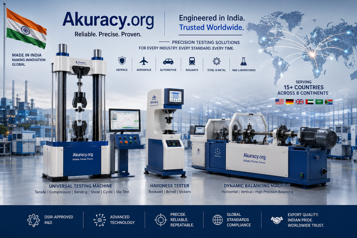 Promotional graphic for Akuracy.org showing three precision testing machines in a blue-and-white industrial setting: a universal testing machine, a hardness tester, and a dynamic balancing machine.