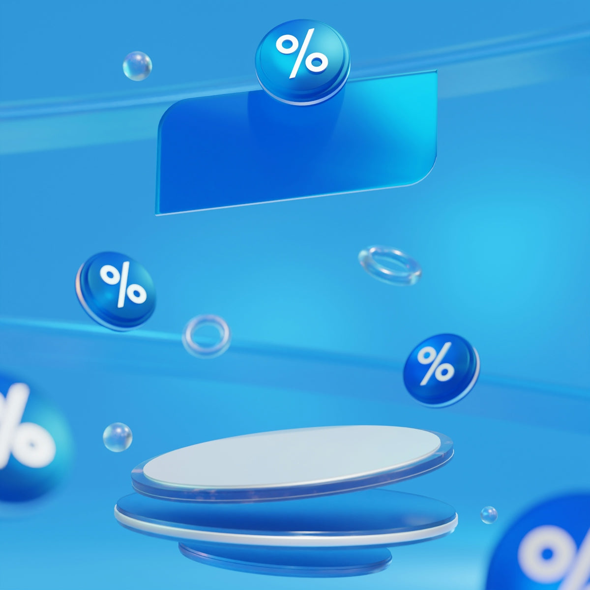 A blue background with bubbles and a price sign